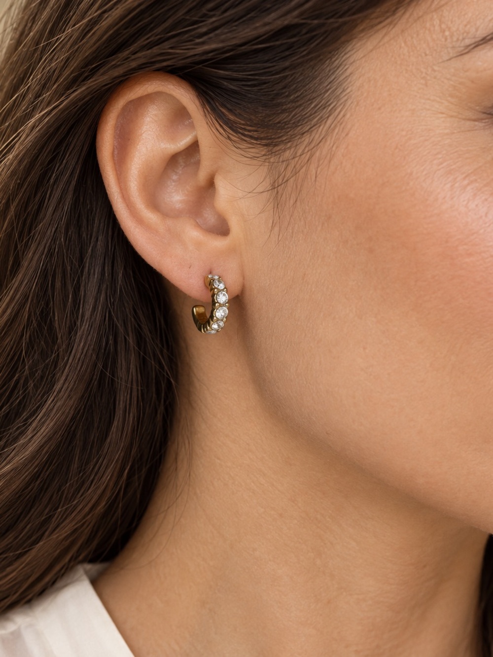 Gold Tone and Clear Rhinestone Small Hoop Earrings Pierced Earrings